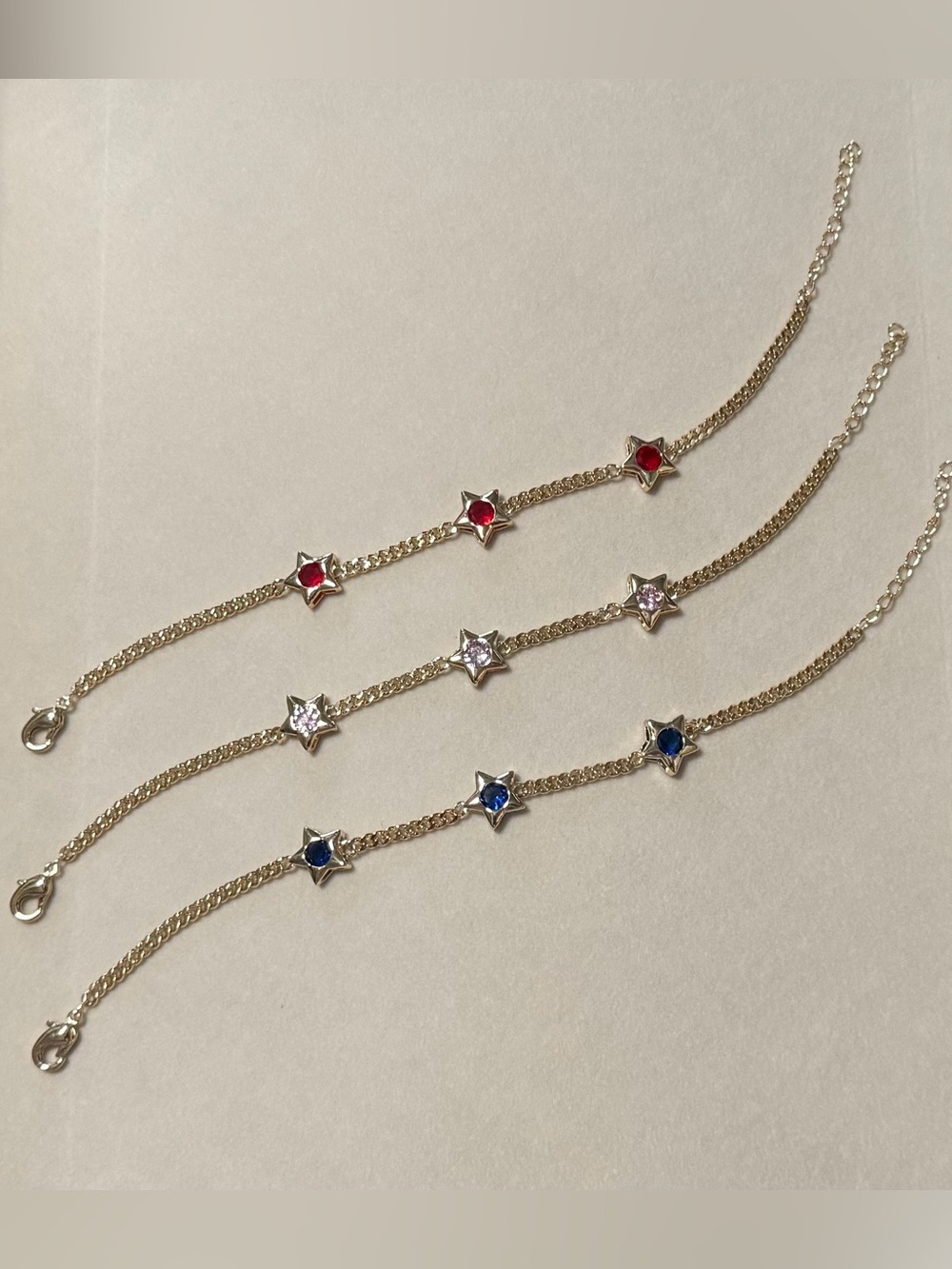 BUNDLE Gold Star Bracelet Trio with Red, Pink, and Blue Stones NEW - Picture 4 of 4